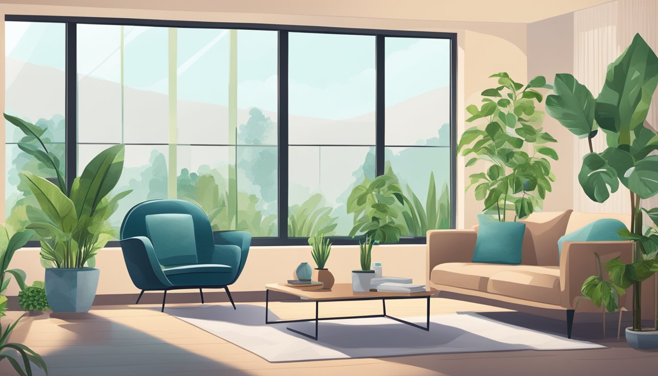 A modern living room with plants, an air purifier, and open windows to show the importance of managing indoor air quality for better health