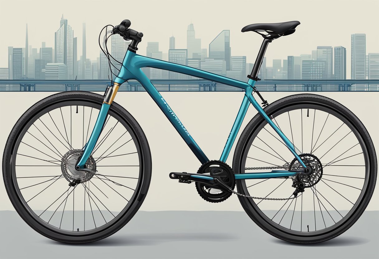 A hybrid bike stands against a city backdrop, with a sleek frame, flat handlebars, and a combination of road and mountain bike features