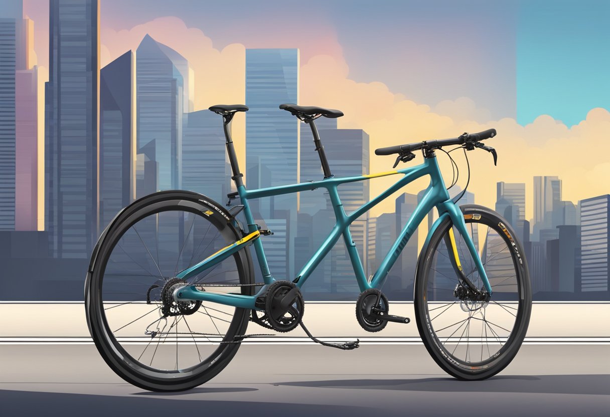 A hybrid bike stands against a city backdrop, with a sleek frame, flat handlebars, and a combination of road and mountain bike features