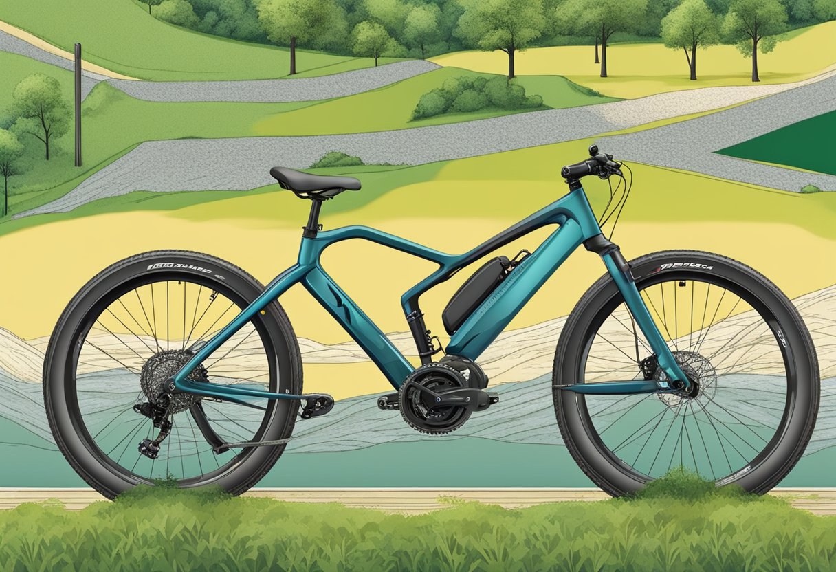 A hybrid bike navigating through various terrains such as paved roads, gravel paths, and grassy fields