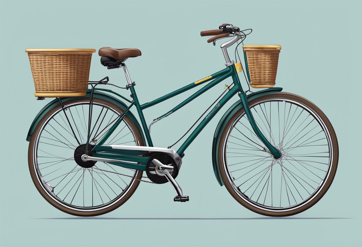 A hybrid bike with adjustable seat and handlebars, equipped with a front basket and rear rack for storage. Customization options include different color frames and handlebar grips