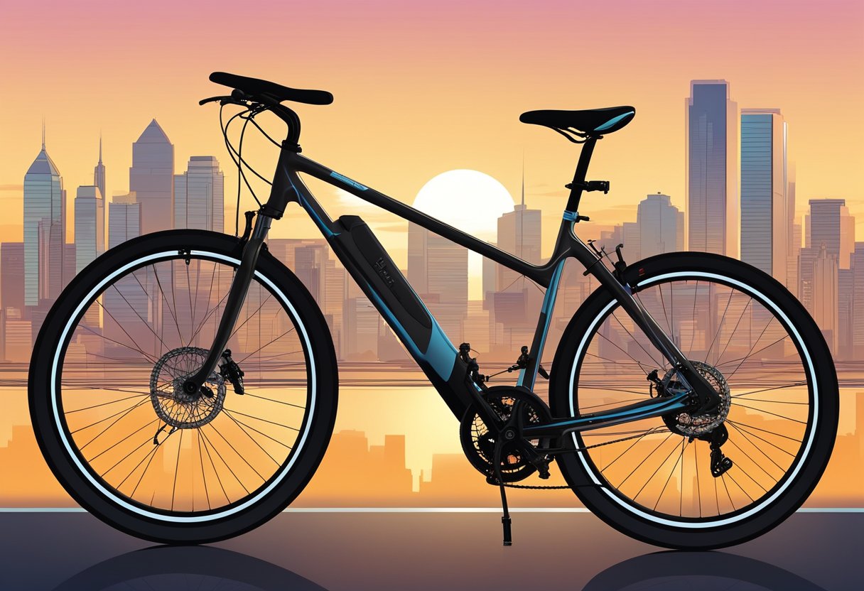 A hybrid bike stands against a backdrop of a city skyline, with its sleek frame and versatile features highlighted by the setting sun