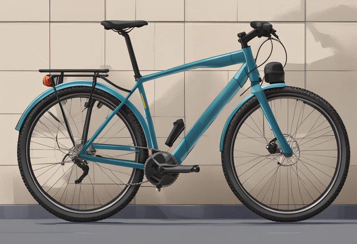 A hybrid bike sits against a wall, its sleek frame and dual-purpose tires ready for both city streets and off-road trails. A helmet and water bottle rest nearby, ready for the next adventure