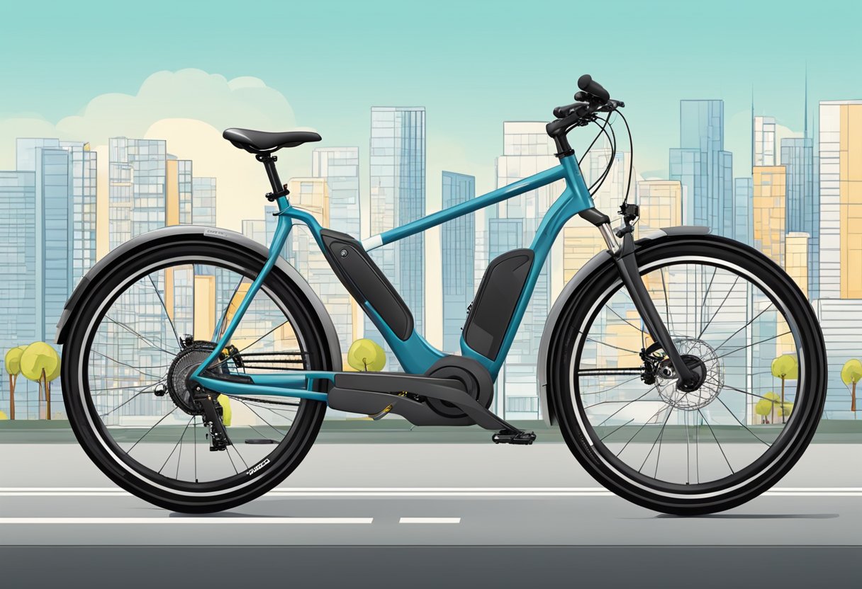 A hybrid bike is shown parked on a city street, with a sleek frame, flat handlebars, and a combination of road and mountain bike features