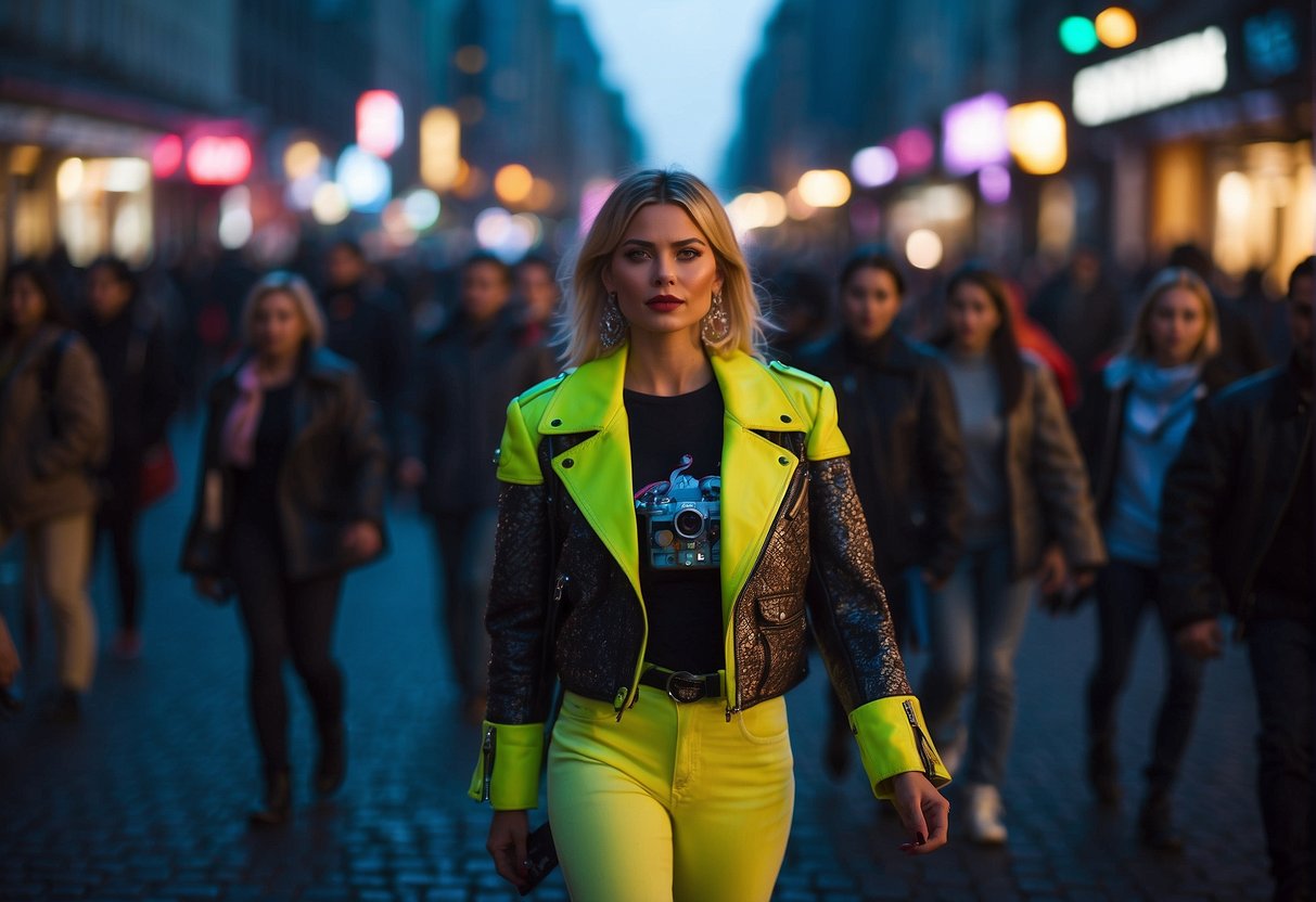 Neon lights illuminate a crowded Berlin street. People wear bold, eccentric outfits, sporting shoulder pads, leather jackets, and high-waisted jeans. Music blares from boomboxes as fashionistas strut with confidence