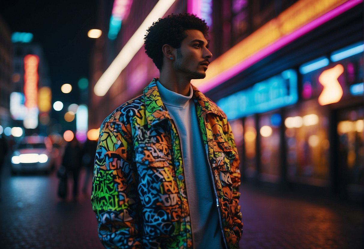 Neon lights illuminate graffiti-covered walls in a bustling Berlin street, showcasing bold patterns, oversized shoulder pads, and chunky sneakers of 80s fashion