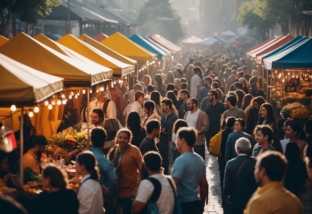 A bustling marketplace with colorful eco-friendly fashion stalls and diverse attendees mingling and networking