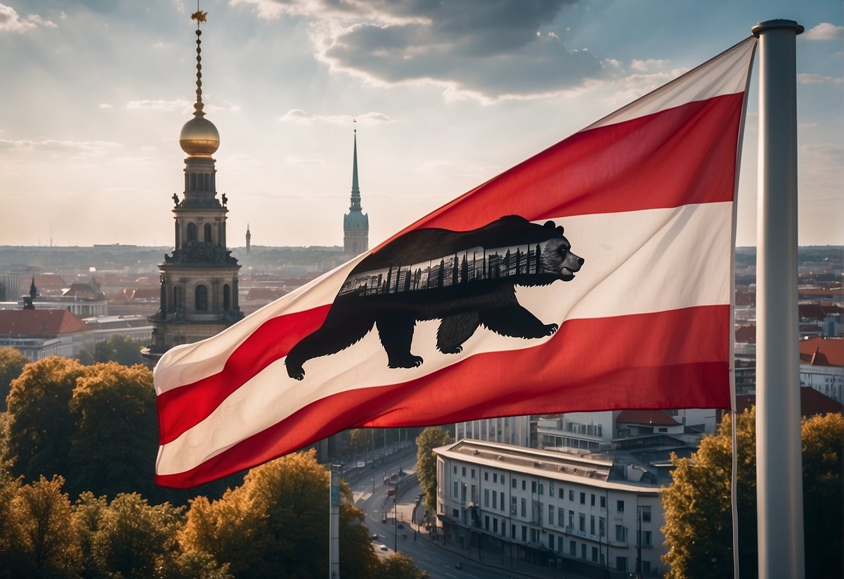 The Berlin flag flies high above the city, with its iconic design of a bear and red and white stripes symbolizing the cultural and legal aspects of the city