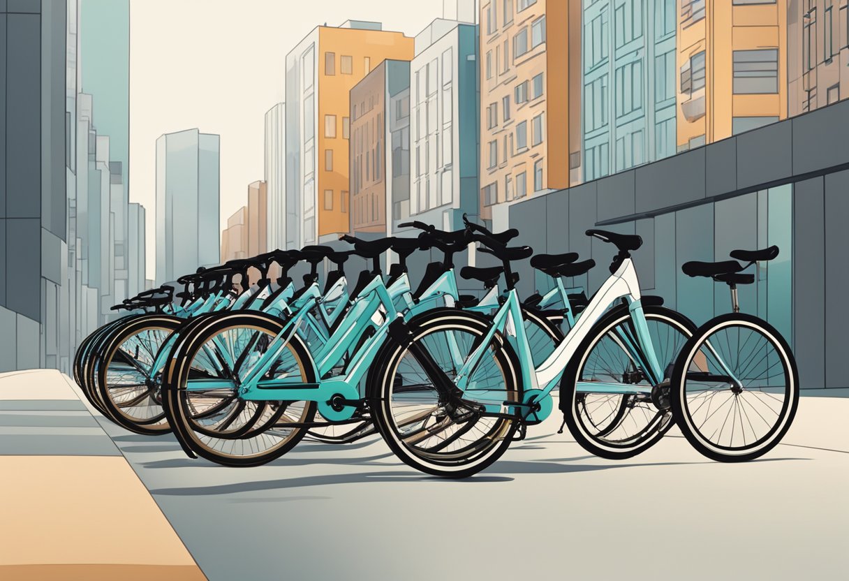 A row of sleek, modern bicycles lined up against a city backdrop, ready for commuters to hop on and pedal away