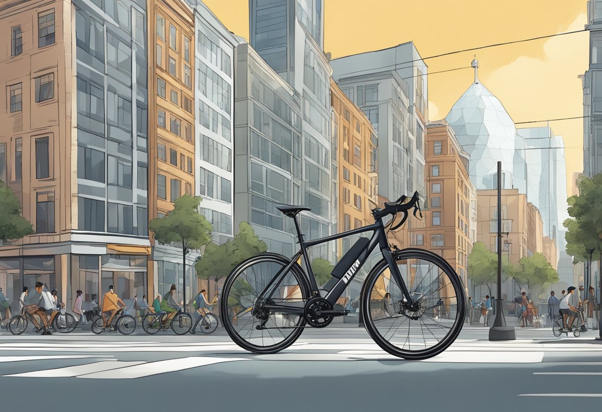 A sleek commuter bike parked in a bustling urban setting, with a backdrop of tall buildings and people going about their daily routines