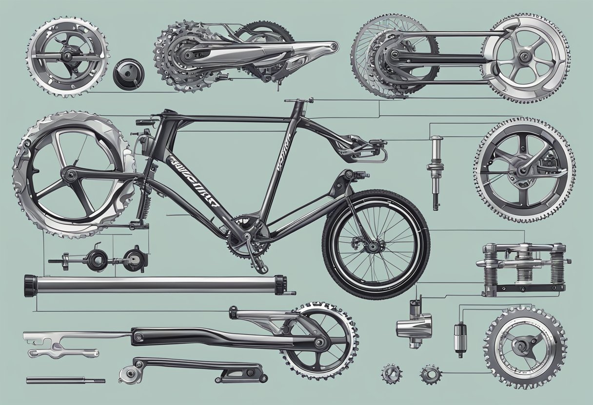 A close-up of a commuter bike's important components: gears, brakes, wheels, and handlebars. Clear and detailed illustration of each part