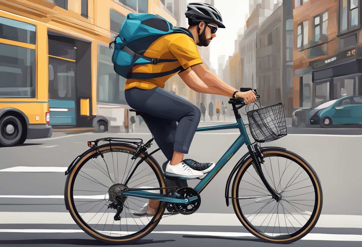 A cyclist customizes their commuter bike with sleek accessories and personalized details, making it stand out in a bustling urban environment