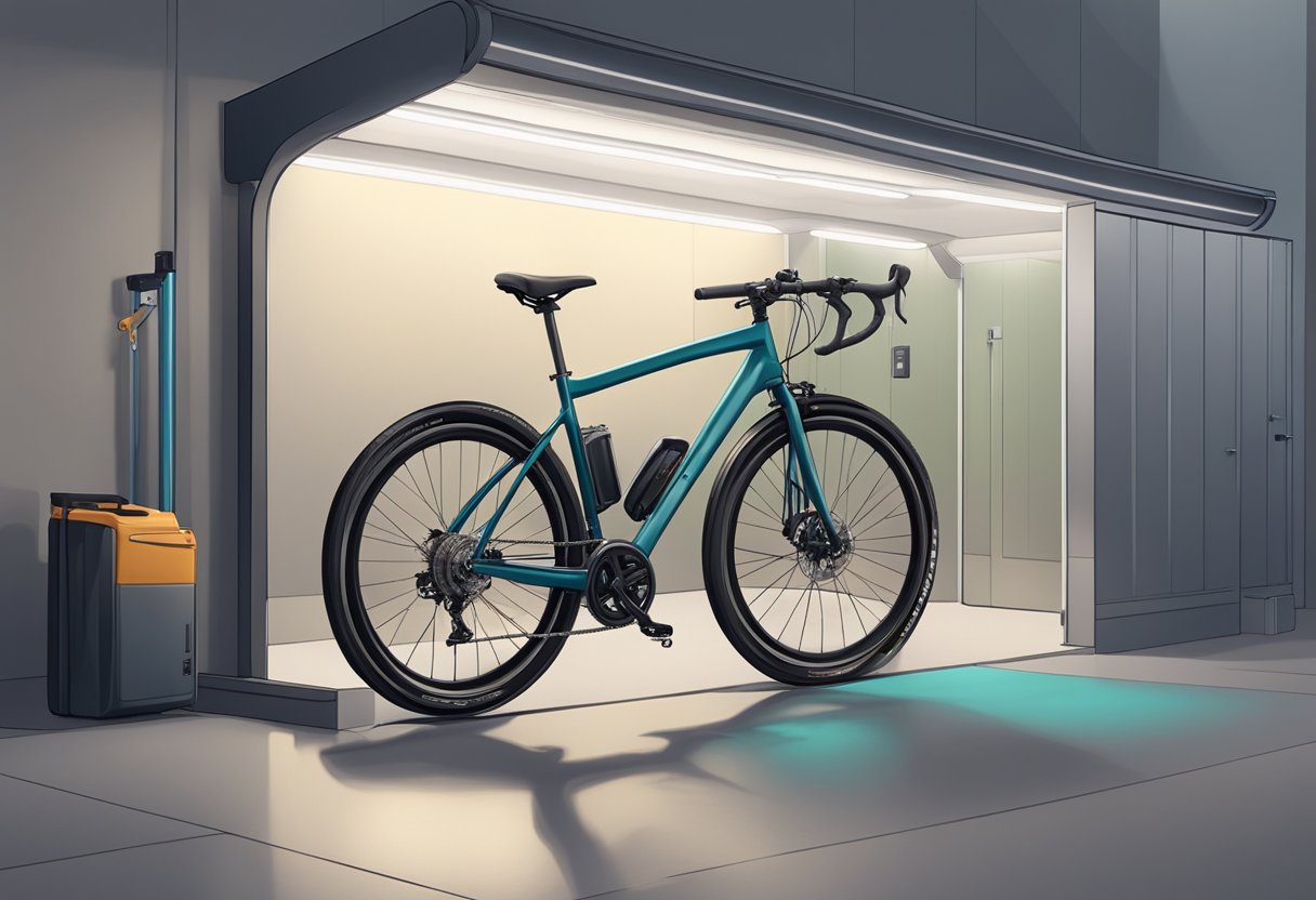 A sleek commuter bike parked in a well-lit, secure bike storage area with a maintenance kit nearby