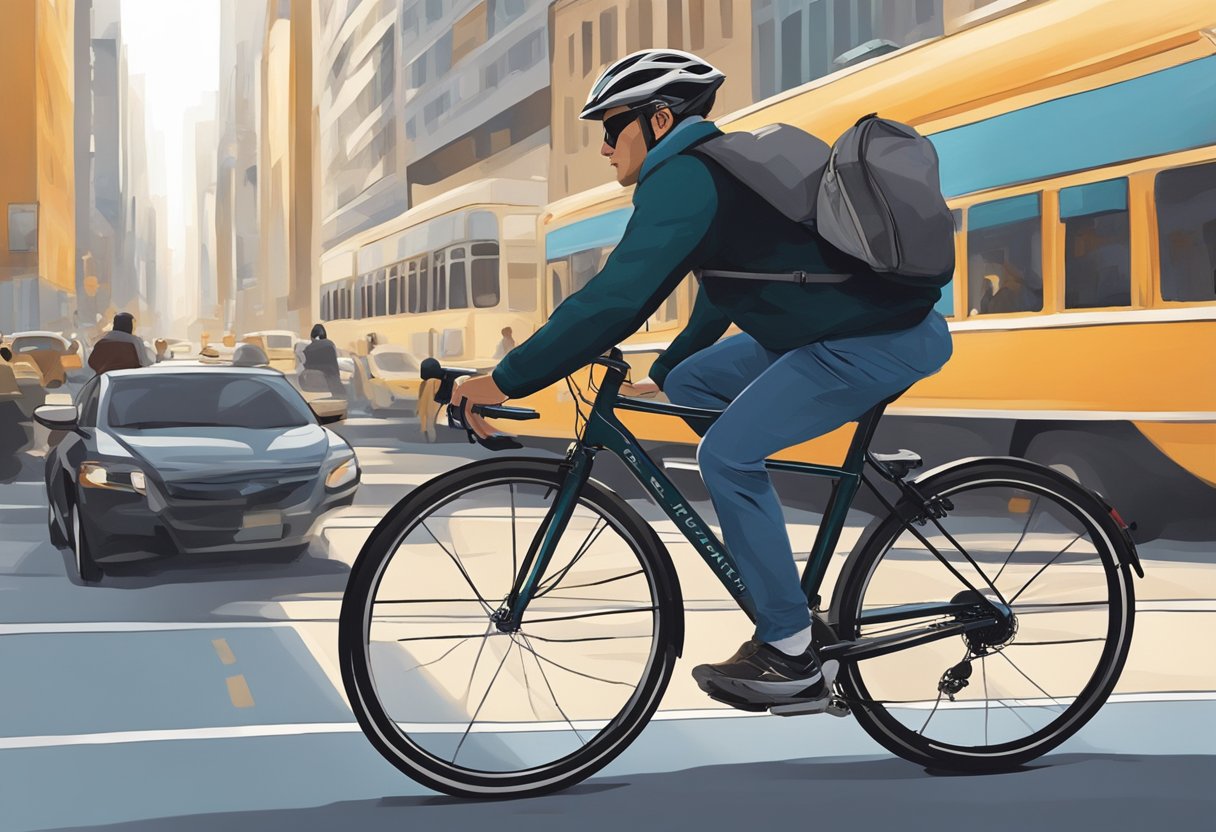 A sleek commuter bike glides through a bustling city, passing by cars stuck in traffic. The rider's determined expression shows the efficiency and freedom of biking for daily transportation