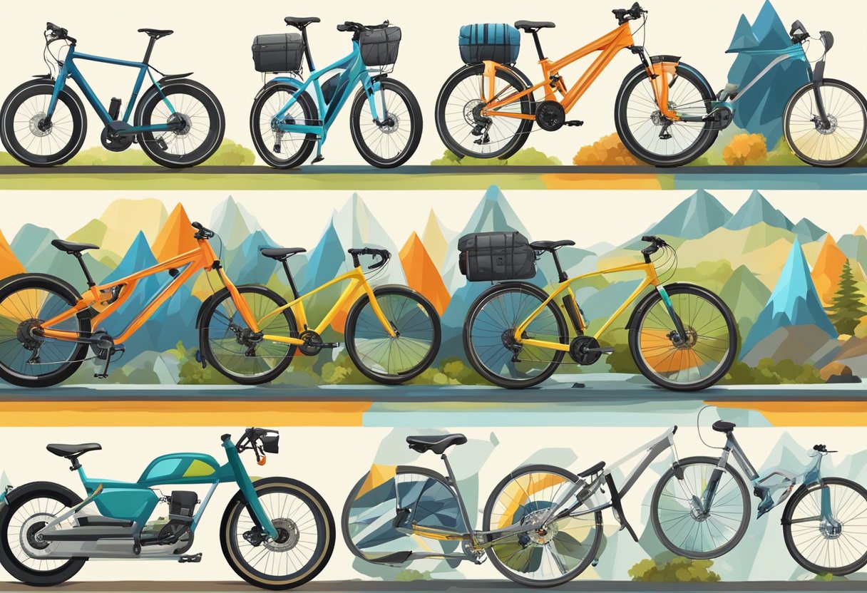 A variety of bikes, including road, mountain, and hybrid, are parked in front of different terrains such as city streets, rocky trails, and paved paths