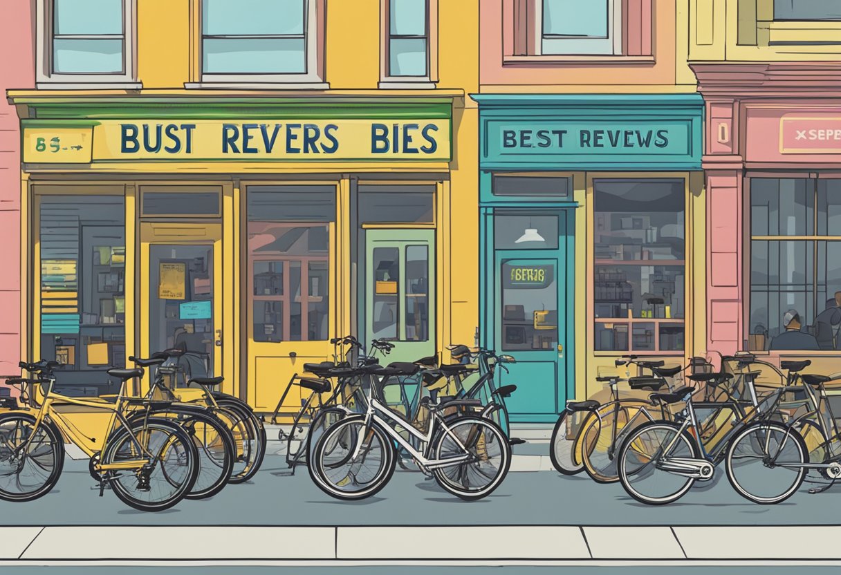 A bustling city street with a row of bike shops, each displaying a variety of commuter bikes. A sign advertises "Expert Reviews" and "Best Commuter Bikes" in bold lettering