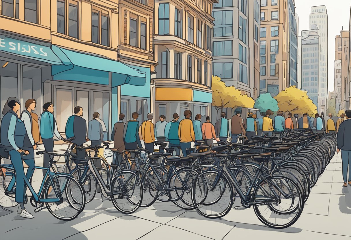 A row of sleek commuter bikes parked in front of a bustling city street, with people cycling by and a sign reading "Frequently Asked Questions: The best commuter bikes" in the background