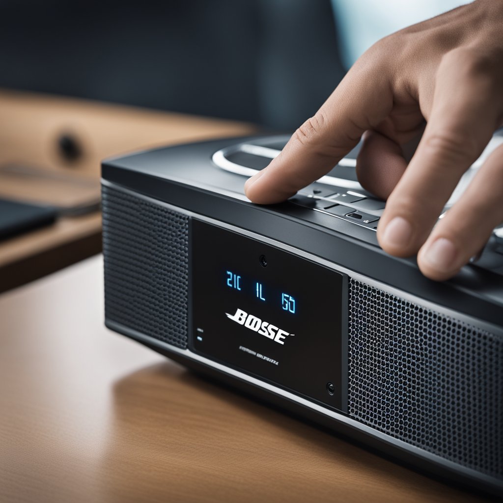 The Bose SoundLink speaker is being reset. The power button is being held for 10 seconds until the Bluetooth light blinks blue