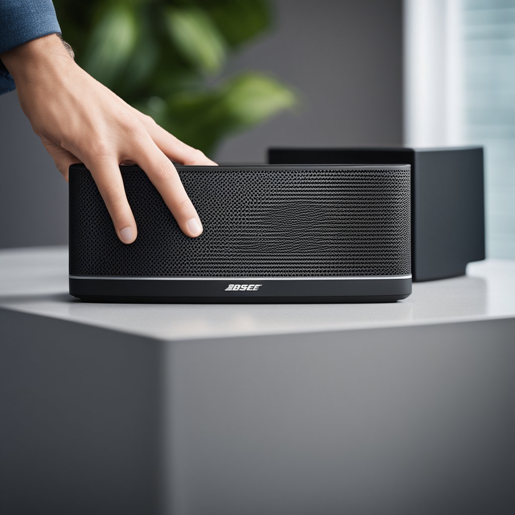 The Bose SoundLink speaker sits on a flat surface, with a person's finger pressing the reset button on the back of the speaker