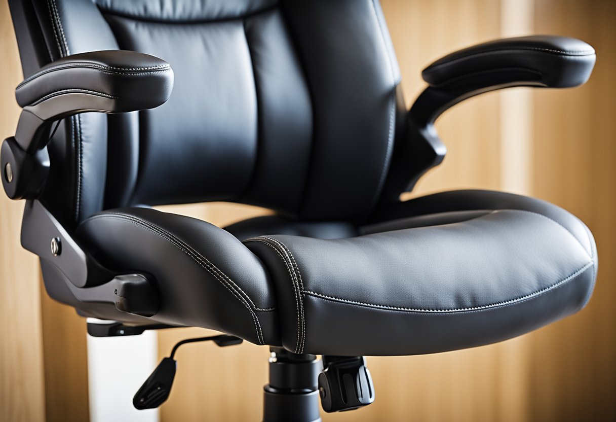 The office chair's armrest and depth configurations are being adjusted with the use of the adjustment levers and knobs