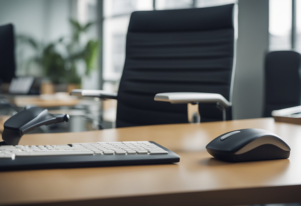 A hand reaches for the chair's tilt and tension knobs. The chair is set against a desk in an office setting