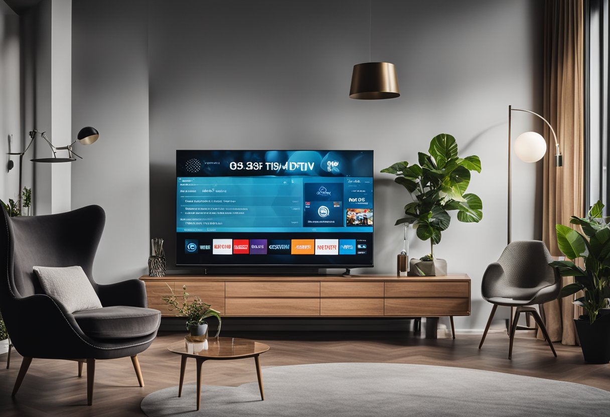 A television screen with "net iptv" displayed, surrounded by a comfortable living room setting