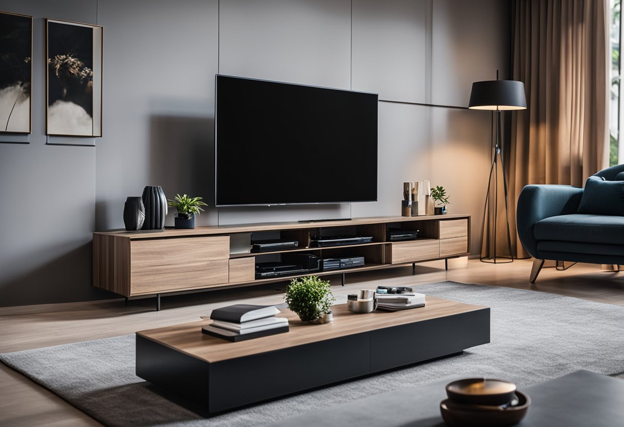 A modern living room with a sleek television displaying "Grundlagen von Net IPTV" on the screen, surrounded by comfortable furniture and soft lighting