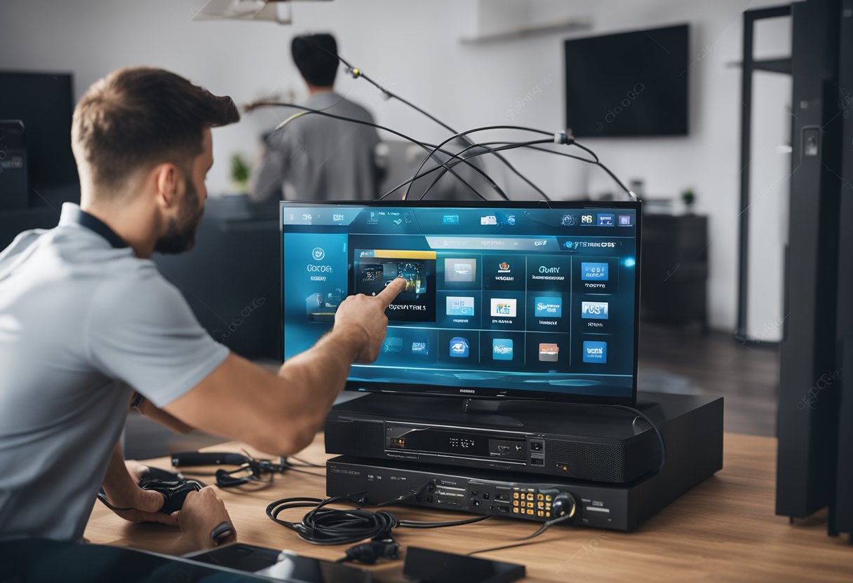 A technician installs and sets up net iptv equipment in a living room with a television and internet router