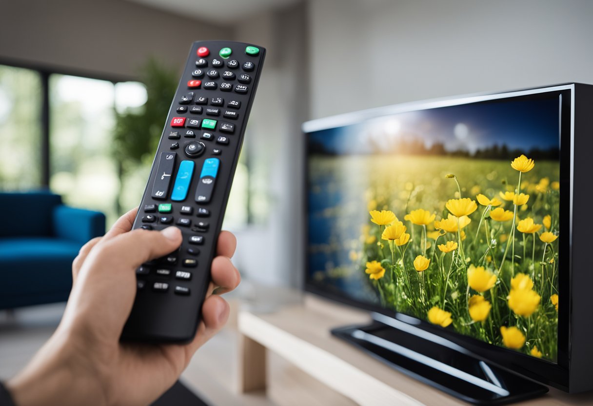 A person using a remote to navigate a TV screen with the "Benutzererfahrung net iptv" interface displayed, with clear and intuitive menu options