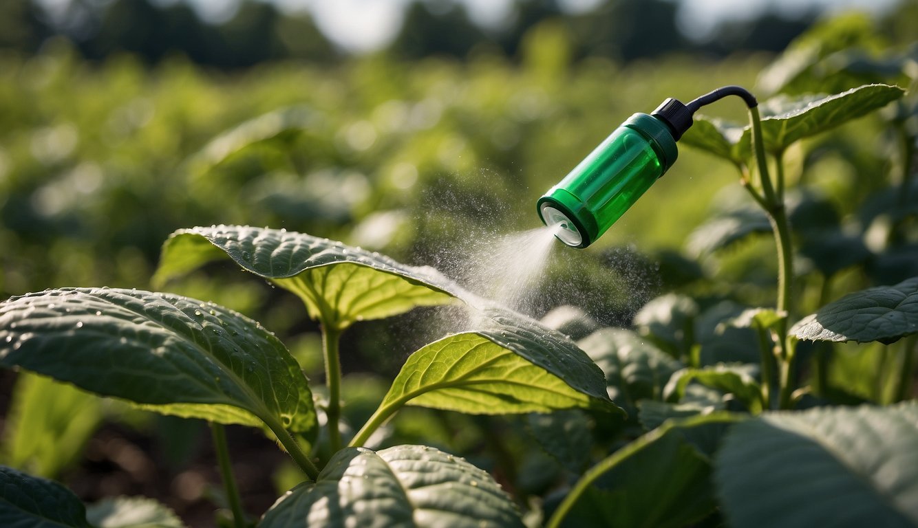 Insecticide spray covers cucumber plants, killing bugs