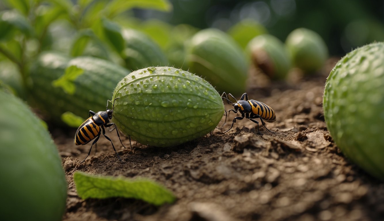 Bugs swarm over cucumber plants, devouring leaves and stems. Traps and barriers are set up to physically remove and stop the pests