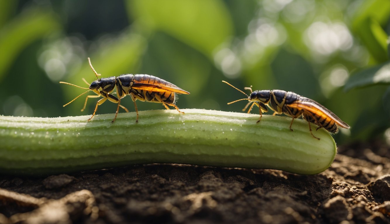 Bugs devouring cucumber plants, while nearby plants show signs of recovery