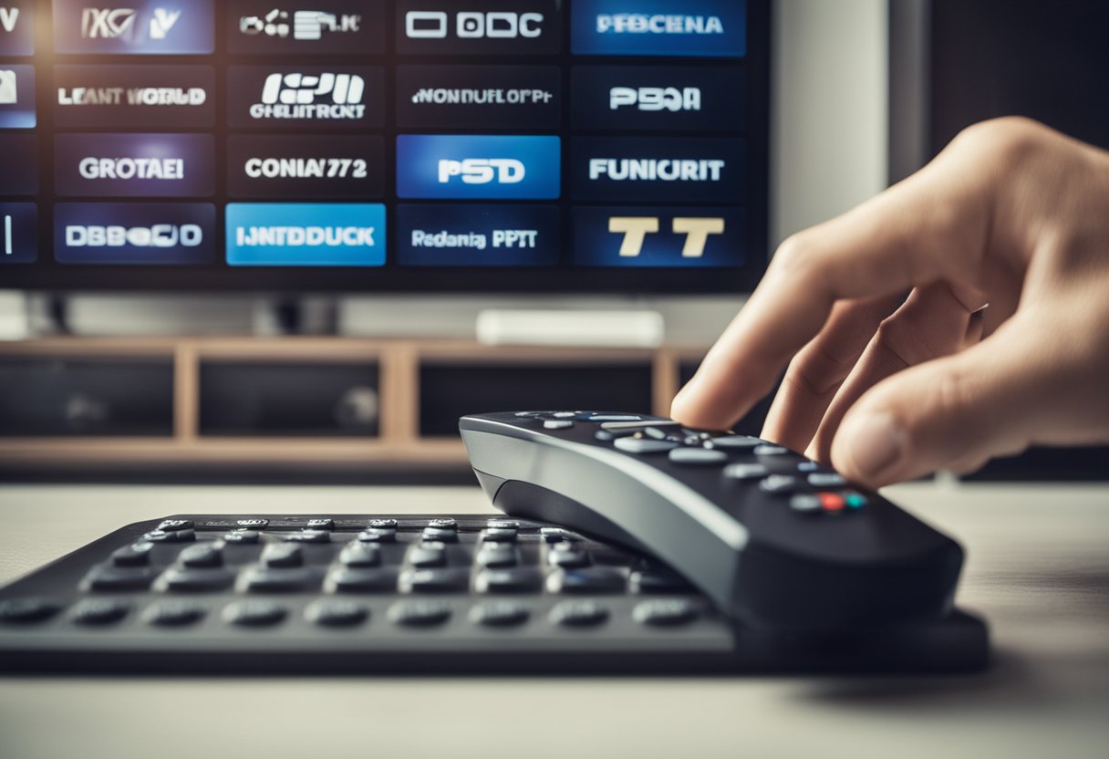 A hand reaches for a remote control, pressing a button to unlock all IPTV channels