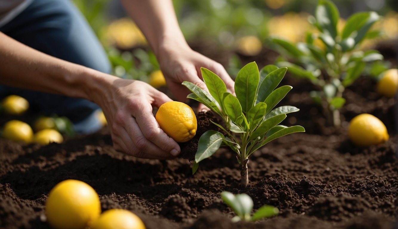 Hands gently plant Meyer Lemon trees in rich soil, watering and pruning with care