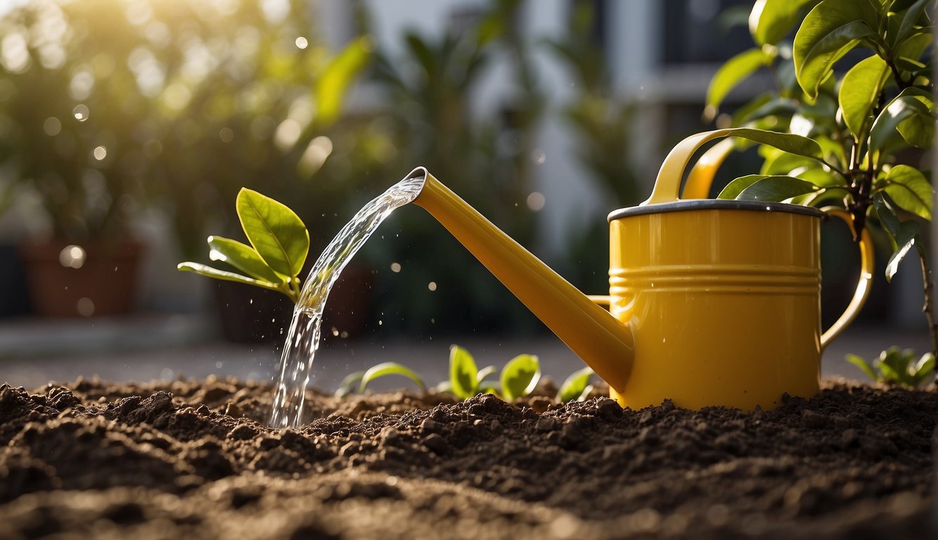 A watering can pours water onto the soil around a meyer lemon tree, while excess water drains away through the holes in the bottom of the pot