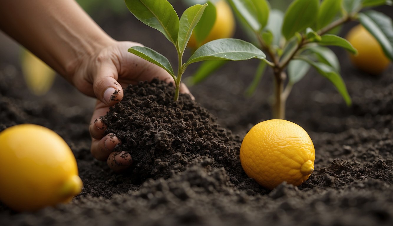 A person spreads organic fertilizer around the base of a healthy Meyer lemon tree, ensuring the soil is well-nourished and cared for