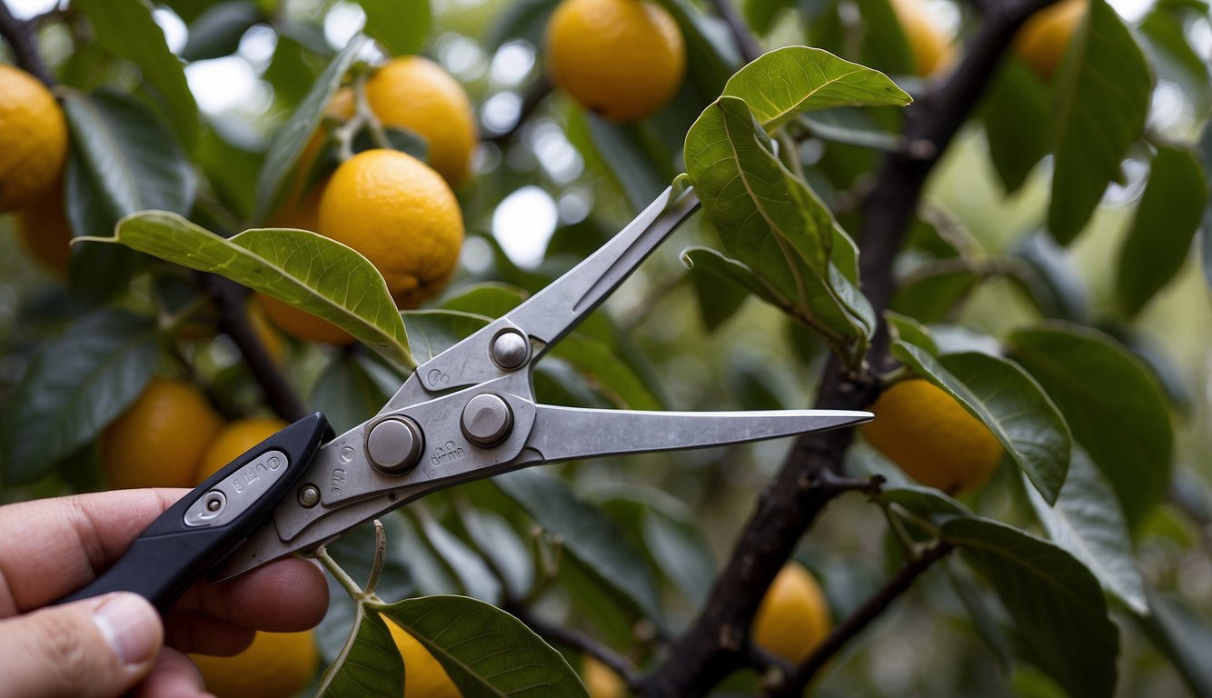 A pair of pruning shears carefully shapes a Meyer lemon tree, removing dead branches and shaping the foliage into a healthy and vibrant form