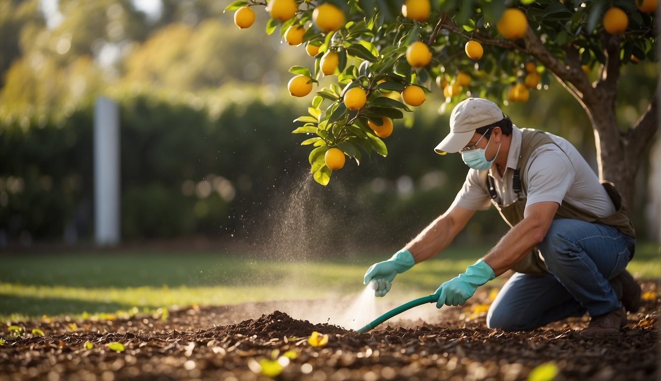 A gardener sprays organic pesticide on a meyer lemon tree, inspecting for signs of disease. Fallen leaves are removed, and the soil is treated with natural fertilizers