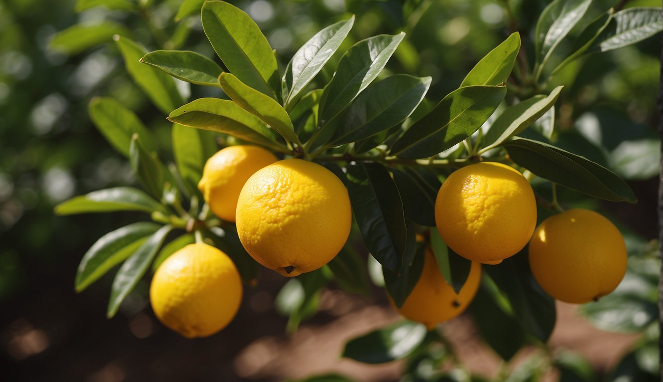 Meyer lemon trees with lush green leaves and ripe yellow fruits, surrounded by well-tended soil and receiving gentle sunlight