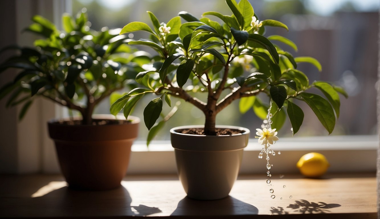 A hand watering a potted Meyer lemon tree on a sunny windowsill. The tree is lush with glossy green leaves and small, fragrant white flowers