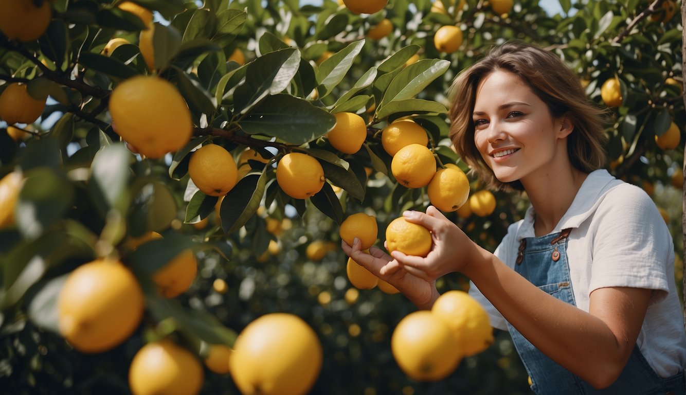 A person picking ripe Meyer lemons from a tree, then using them to make lemonade or adding them to a recipe