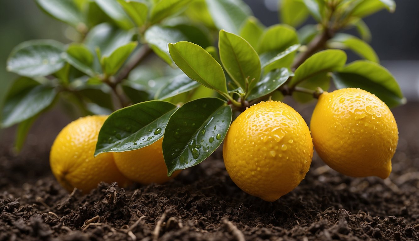 A meyer lemon tree being gently watered and pruned, with a layer of mulch around the base and a citrus fertilizer being applied