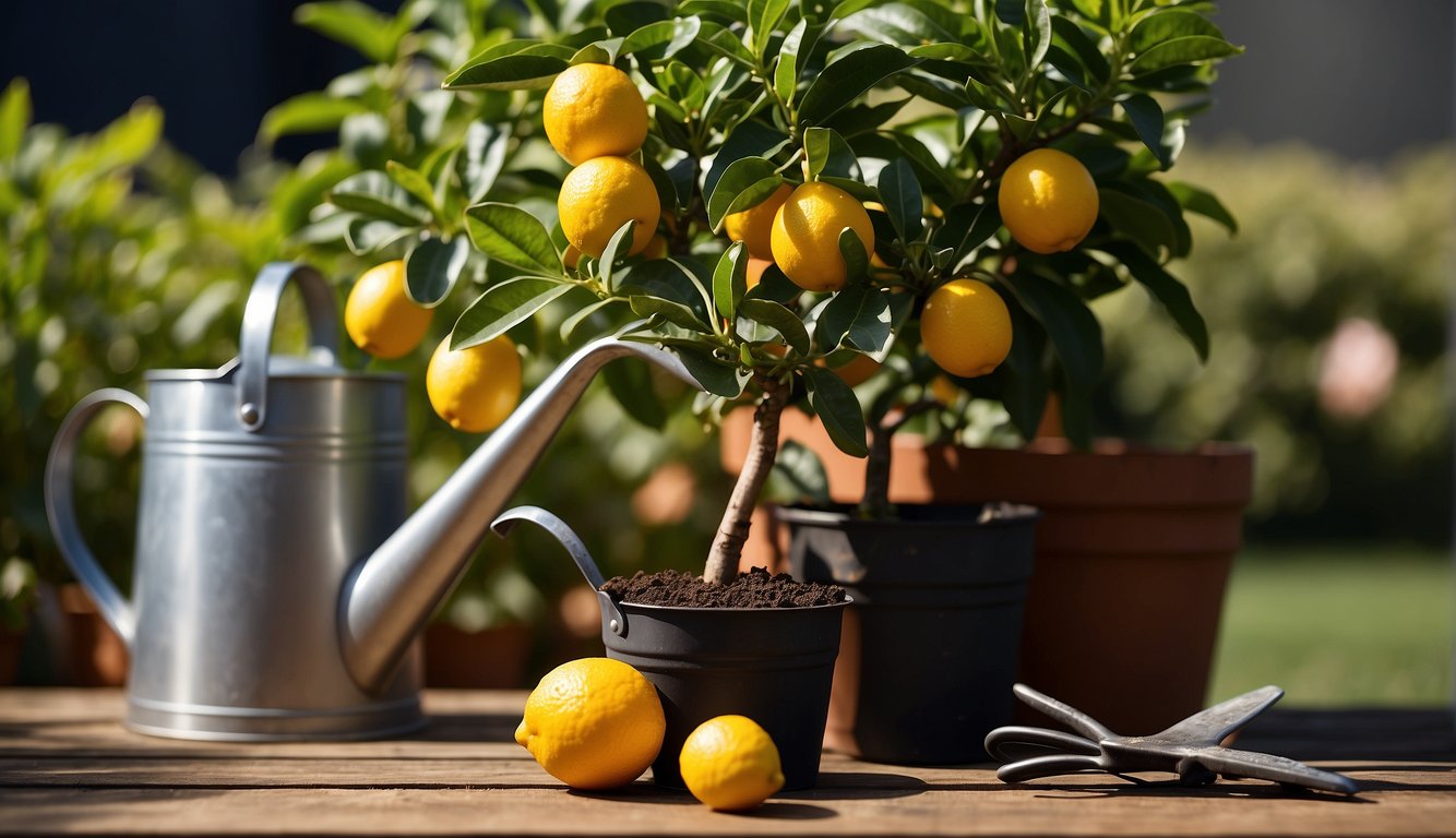A meyer lemon tree surrounded by gardening tools and a watering can, with a person's shadow in the background