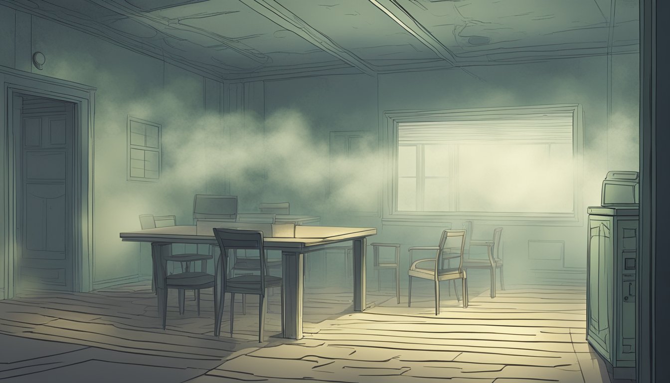 A dimly lit room with visible mold growth on walls and ceiling. Objects are obscured by a hazy fog, creating a sense of disorientation and confusion