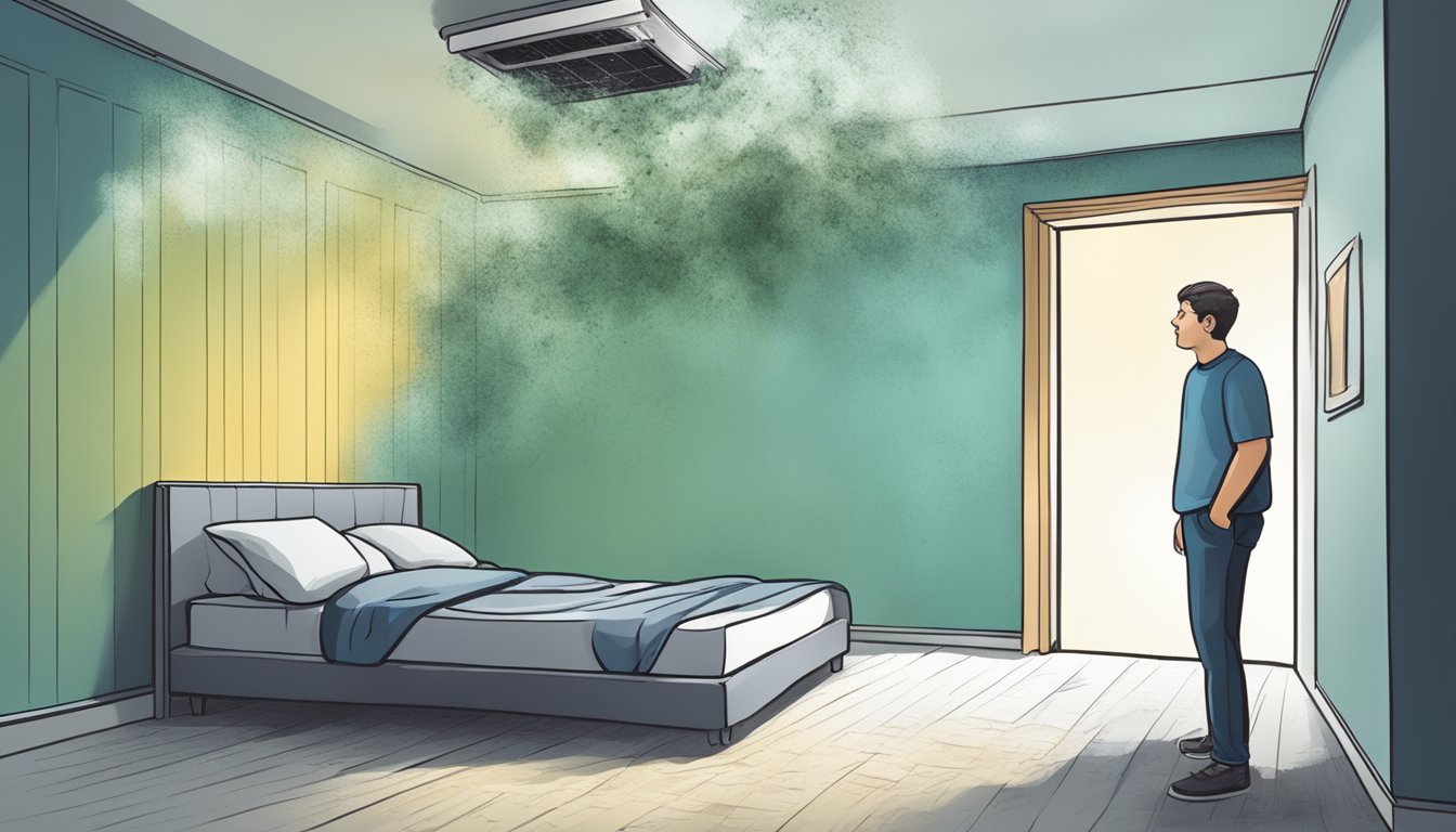 A room with visible mold growth on walls and ceiling. A person appears disoriented, struggling to focus. Signs of respiratory distress
