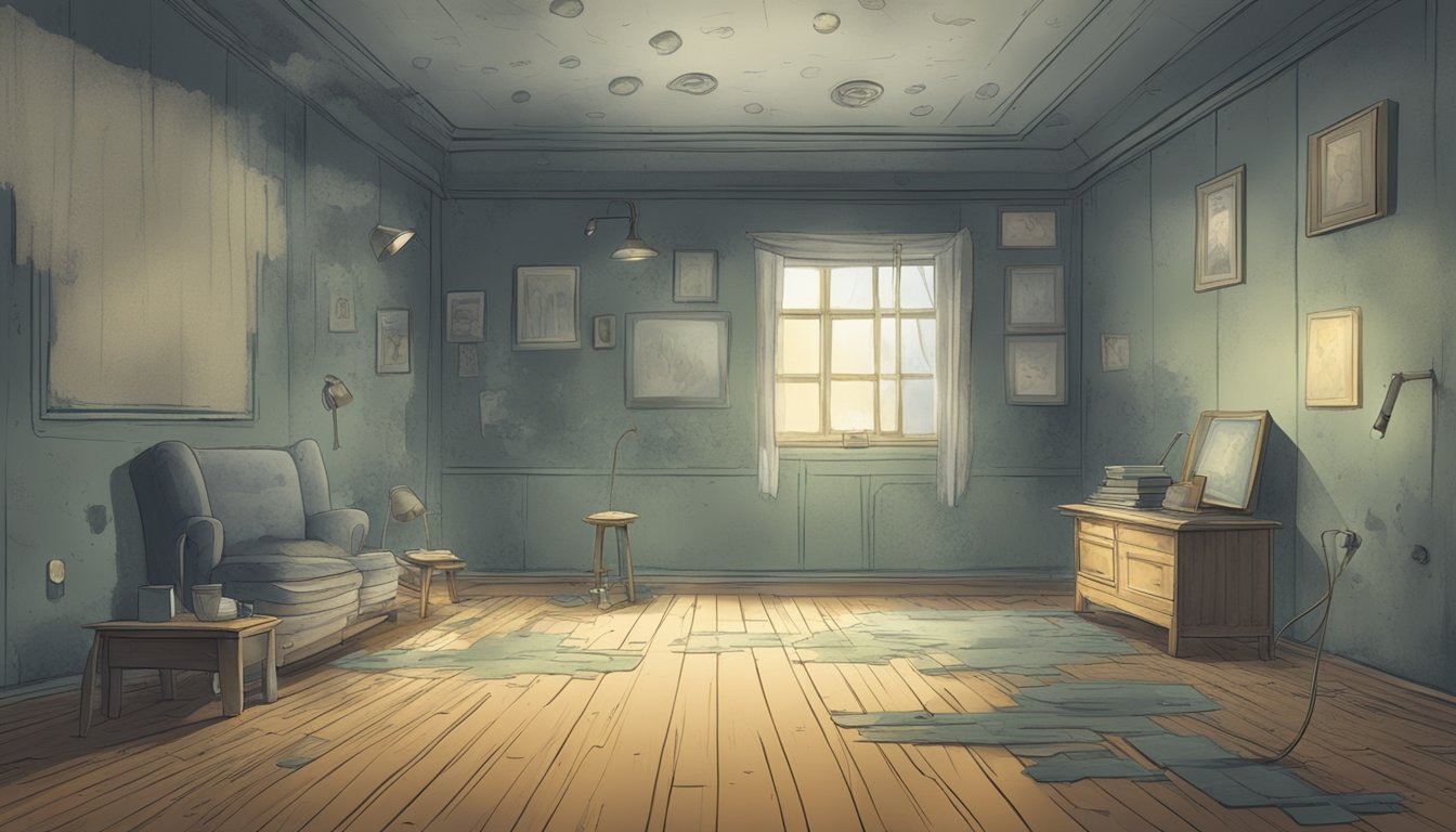 A dimly lit room with damp walls and visible mold growth. Objects are covered in a layer of dust, and the air feels heavy and musty