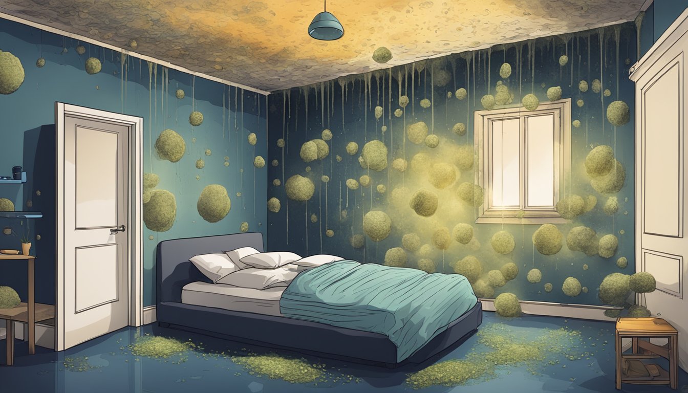 A dark, damp room with visible mold growth on walls and ceiling. A person experiencing memory loss sits in the room, surrounded by mold spores