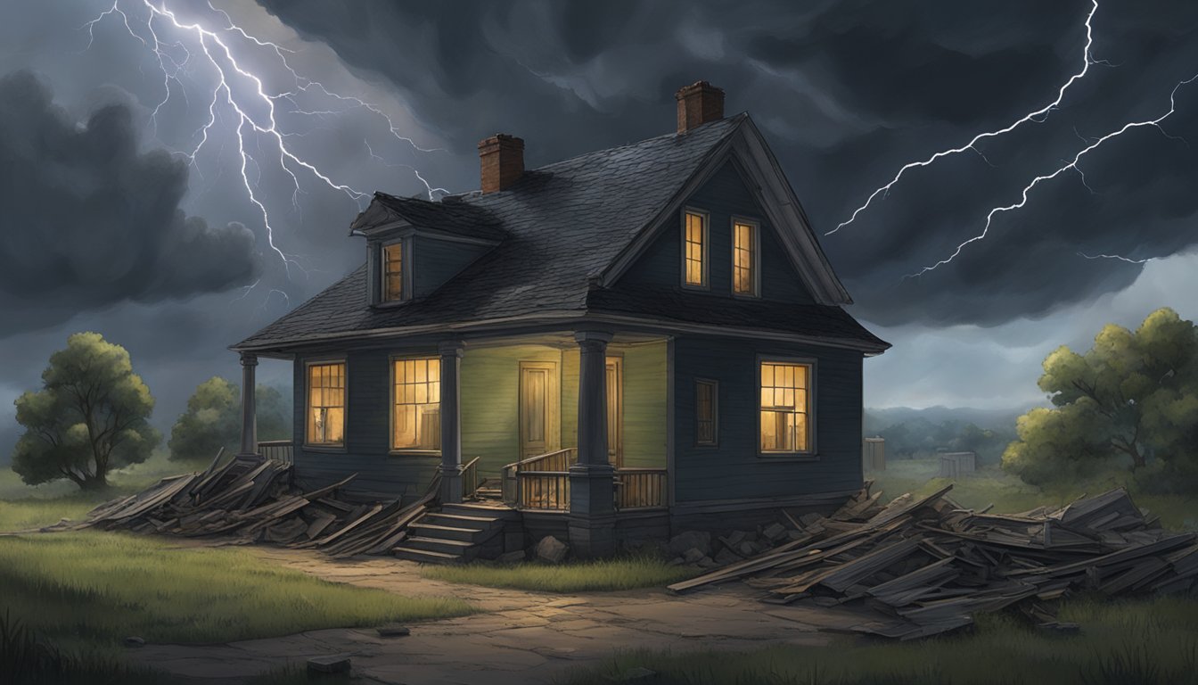 Dark clouds loom overhead as lightning strikes the horizon. A house sits engulfed in mold, its walls crumbling. The scene is ominous, evoking a sense of danger and despair
