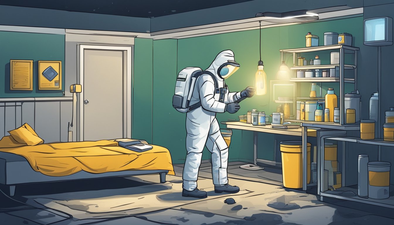 A dark, damp room with visible mold growth on the walls and ceiling. A person in a hazmat suit holds a mold testing kit and a flashlight, examining the environment