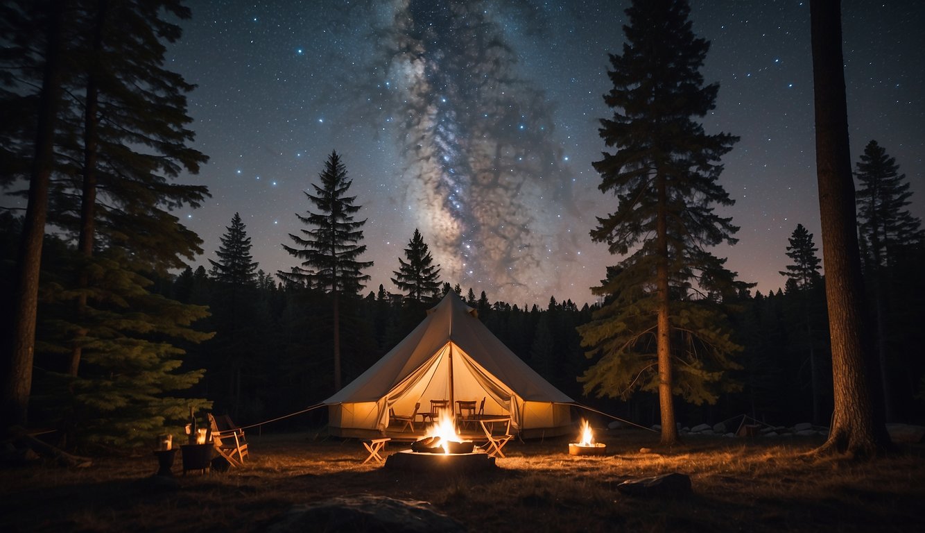 A cozy glamping tent nestled among tall pine trees in upstate NY. A crackling campfire and a clear starry sky complete the serene scene